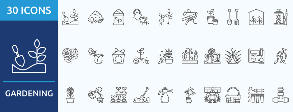 gardening
- Icon Collection. Thin outline Set contains such Icons as soil, compost fertilizer, watering,  seedlings, pruning, pots, garden tools, greenhouse and more. Simple web icons set
