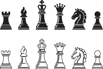 Chess Pieces Silhouette and Outline Set Featuring King Queen Knight Bishop Rook and Pawn Icons © PNG