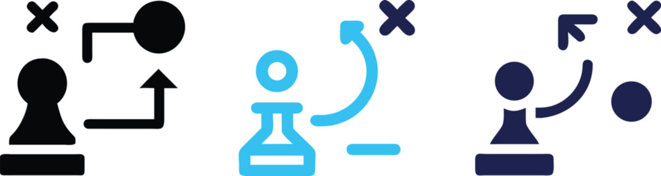 Set of abstract strategy icons featuring chess pawns with movement arrows and target circles designed in modern flat minimalist style for business management concepts.