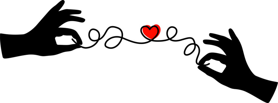 Silhouettes of hands holding a connected thread, with a red heart shape formed in the center of the thread, concept of love, long-distance relationship and human connection