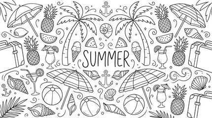 Fototapeta premium Summer Doodle Illustration Featuring Tropical Beach Elements, Palm Trees, Pineapples and Vacation Accessories in Hand Drawn Vector Style