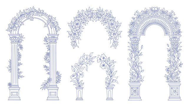 Collection of ornate floral archways and columns blue line art on white background high quality professional