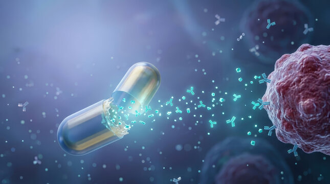 Precision oncology concept with capsule releasing antibodies targeting cancer cell in medical research and treatment