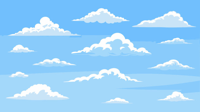 Cartoon clouds in a bright blue sky fluffy white cumulus cloudscape illustration high quality professional detailed