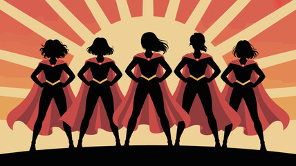 Silhouette of five superhero women standing with hands on hips against a vibrant sunset high quality © rocky
