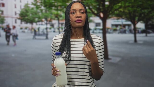 Woman holding a milk bottle by the cap with one hand, touching cheek and neck with the other, striped shirt and braids visible on a street plaza; quiet contemplation.