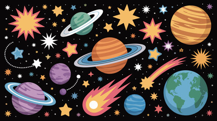 Colorful space pattern with planets stars and a comet vector illustration on black background high quality © rocky