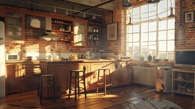 Sunny loft kitchen, warm lighting, wood cabinets