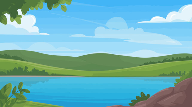 cartoon landscape with lake and rolling hills under a blue sky with fluffy clouds high quality