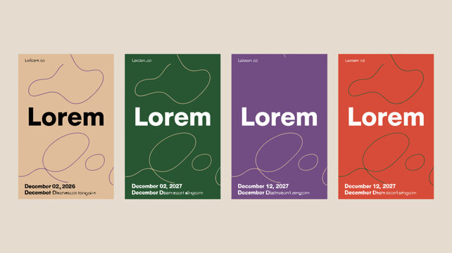 Four abstract event posters with organic shapes and lorem ipsum text on colored backgrounds high quality