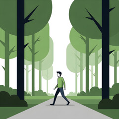 Man Walking Alone on a Path Through a Minimalist Green Forest