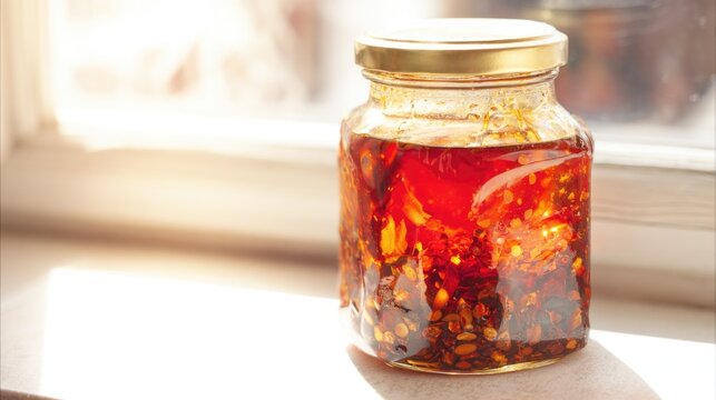 calabrian. A jar of homemade chili oil on a sunny windowsill, vibrant red color. menu design, packaging mockups, designed for food delivery and cloud-kitchen brand materials.