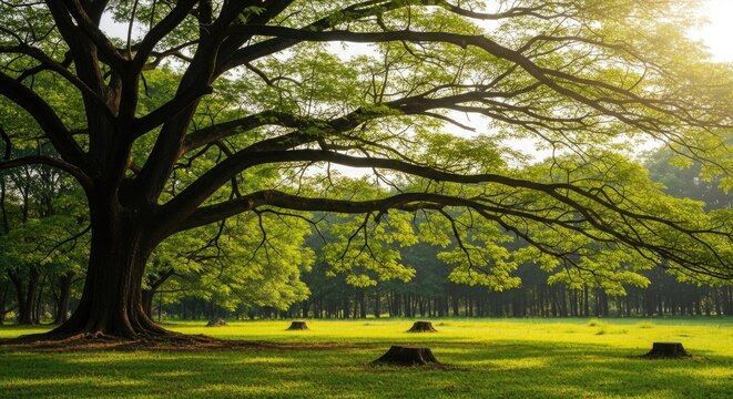 Majestic spreading tree canopy in lush green park with tree stumps in sunlight