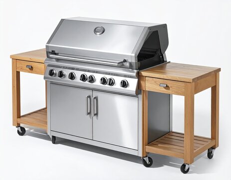 Stainless steel grill with side tables and storage cabinet