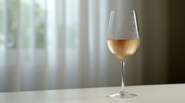 torrontes. A single glass of pale golden Torrontes wine with condensation on a plain surface. bar promotions, beverage menus, designed for food & beverage menus and cafe branding.