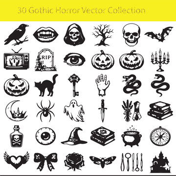 Gothic Horror Vector Collection: Vintage Engraving Style Halloween Illustrations with Stipple Shading - Set of 30
