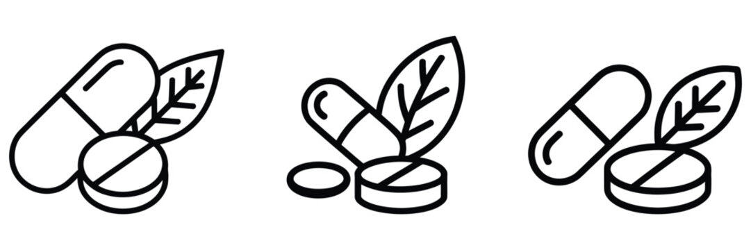 High quality vector of herbal medicine icons with pill, capsule and leaf.