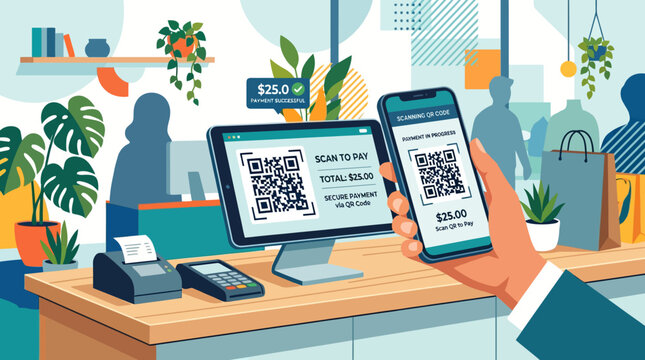 A customer uses a smartphone to scan a digital qr code for a secure contactless payment at a retail checkout counter.