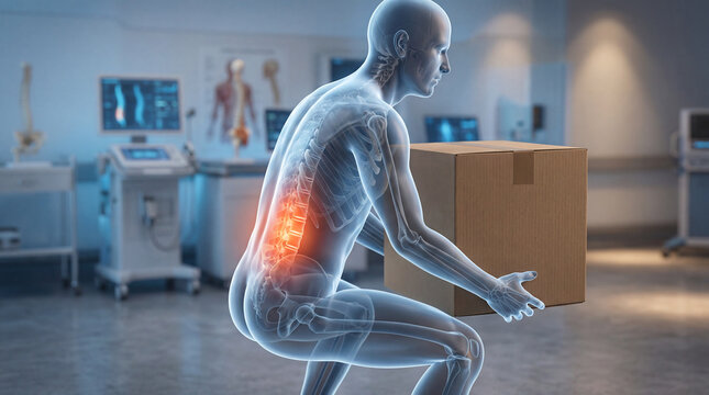 3d medical animation showing lower back pain while lifting heavy box