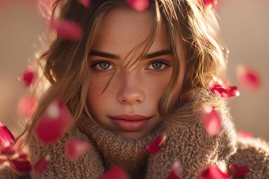 Close Up Portrait with Light Brown Hair Blue Eyes Red Falling Petals Brown Textured Sweater Warm Golden Light Serene Photography