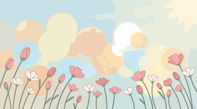 A field of delicate pink and white wild flowers growing in a sunny meadow. Vector illustration featuring soft pastel colors, green stems, and a shallow depth of field effect.