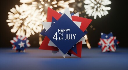 Fototapeta premium Happy 4th of July abstract geometric design with red white and blue stars and fireworks in the background, festive celebration concept, patriotic holiday theme, 3D render