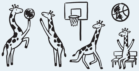 Funny cartoon giraffes playing basketball and sitting on a bench. © Riki