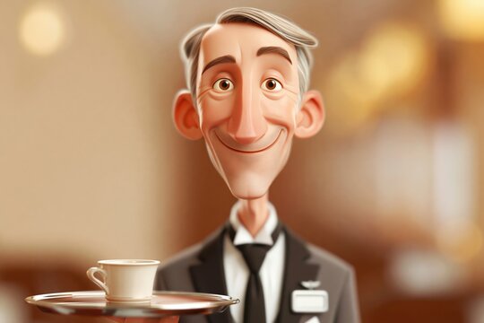 Luxury train attendant with gracious smile serving porcelain cup on polished tray