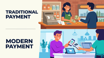 Fototapeta premium A comparison illustration showing customers using traditional paper cash versus modern contactless mobile phone technology for their daily retail purchases