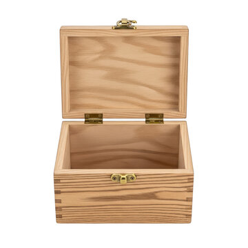 Open empty wooden box with metal latch isolated on transparent background.