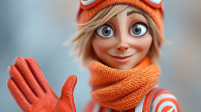 Cheerful ski enthusiast presenting glove and neck warmer with exaggerated features