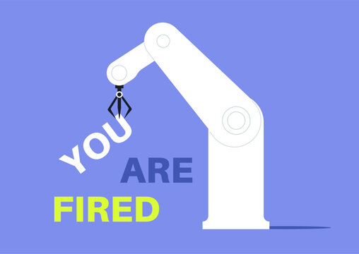 A sleek robotic hand points firmly at bold letters saying you are fired, set against a bright blue backdrop, creating an atmosphere of abrupt termination in a futuristic environment.