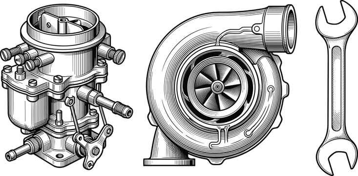 Automotive Engine Parts Illustration Featuring Carburetor, Turbocharger and Wrench in Detailed Engraving Vector Style