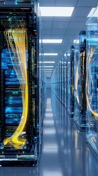 A Stunning Glimpse Inside a High-Tech Data Center Showcasing Rows of Advanced Servers and Glowing Fiber Optic Cables with a Futuristic Design