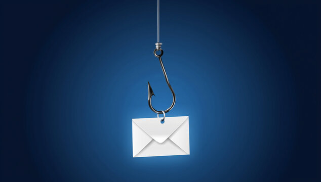 White paper envelope hanging on a sharp metal fish hook representing the danger of online phishing scams and digital fraud
