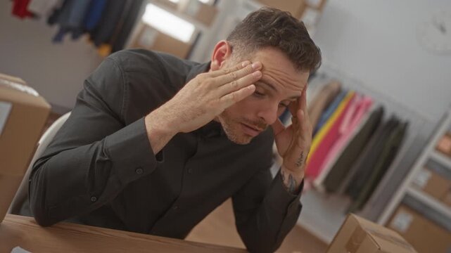 Man pressing temples and touching face beside stacked shipping boxes and clothing rack in studio; stress entrepreneurship.