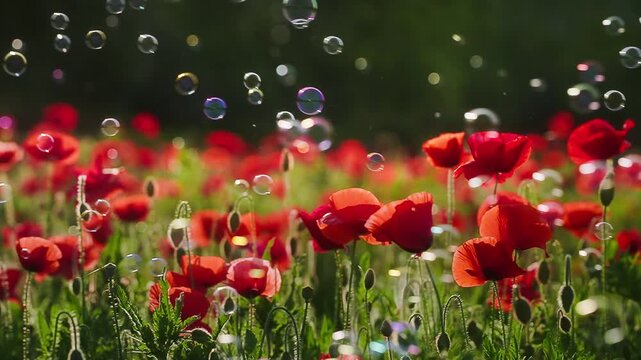 Red Poppies Blooming with Floating Bubbles in Meadow
