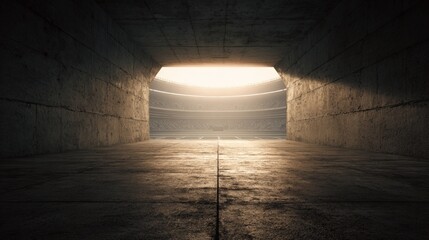 Fototapeta premium Old stadium tunnel fading into bright daylight with subtle sports hints and large open center