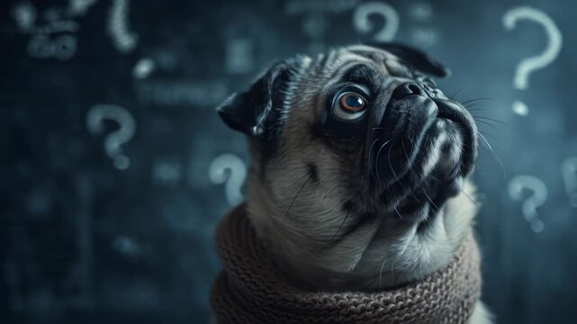 Adorable Pug Dog Wearing a Scarf Looking Confused with Question Marks on a Dark Background