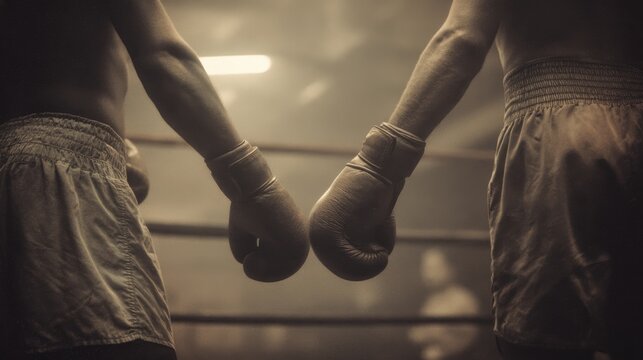Two vintage boxers touching gloves in quiet ring before sparring left third placement