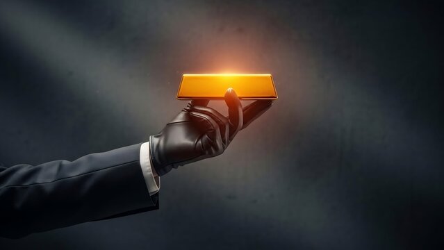 Hand in black glove holding glowing gold bar on dark background
