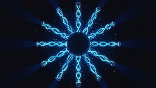Glowing Blue DNA Double Helix Radial Burst 3D Illustration