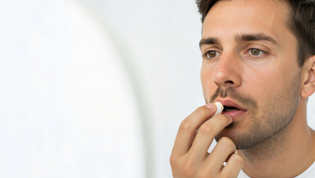 Young man applying lip balm on a white background. Male portrait using moisturizing stick for dry lips. Copy space for text