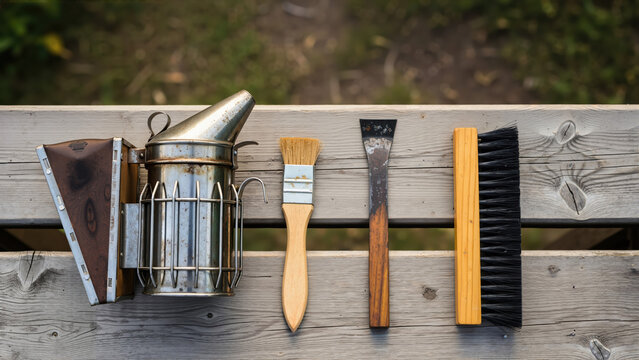 Flat lay of beekeeping tools on a wooden board. Metal bee smoker, brushes and hive scraper. Apiculture equipment top view
