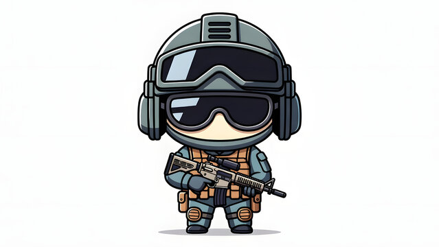 Tactical chibi commando with double goggles holding rifle in full combat gear