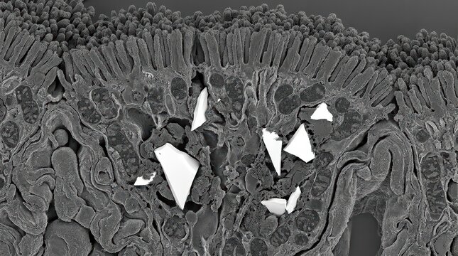 Ion-Abrasion Scanning Electron Micrograph of Microplastic Fragments Internalized in Human Renal Epithelial Cells Showing Organelle Displacement