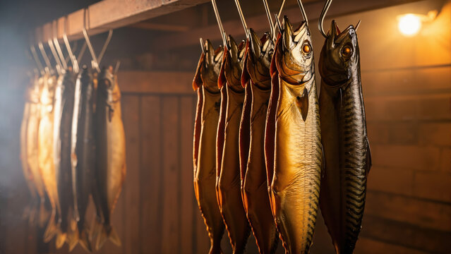 Traditional smoked fish hanging on hooks in a rustic smokehouse. Golden brown mackerel being cured with smoke and warm light