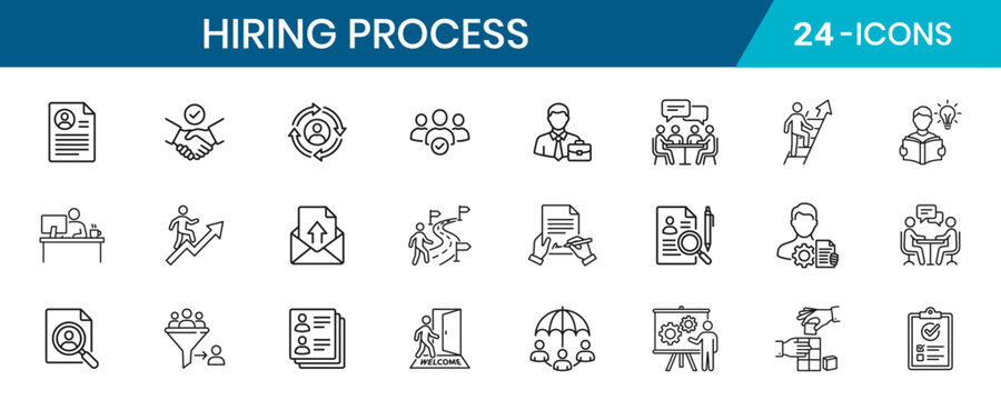 Hiring Process And Recruitment Thin Line Icon Set