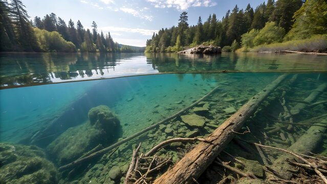 Crystal-clear turquoise lake with submerged ancient forest, surrounded by dense pine trees and rocky shoreline
