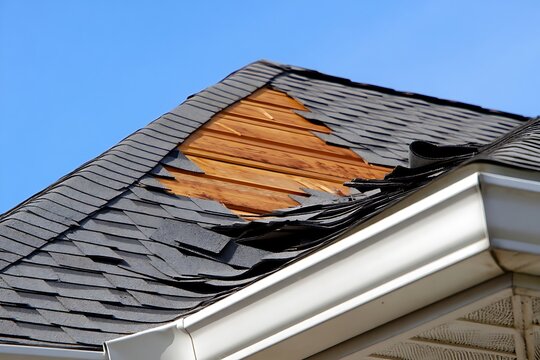 Damaged house roof with missing asphalt shingles exposing wooden decking